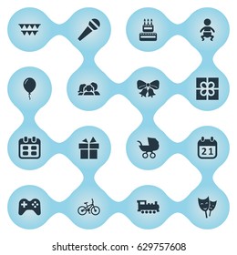 Vector Illustration Set Of Simple Birthday Icons. Elements Ribbon, Days, Speech And Other Synonyms People, Play And Gift.