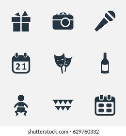 Vector Illustration Set Of Simple Birthday Icons. Elements Camera, Infant, Special Day And Other Synonyms Kid, Photo And Schedule.