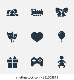 Vector Illustration Set Of Simple Birthday Icons. Elements Mask, Domestic, Ribbon And Other Synonyms Jingle, Train And Heart.