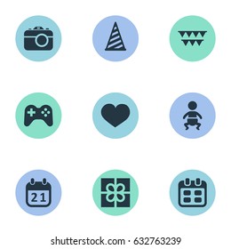 Vector Illustration Set Of Simple Birthday Icons. Elements Days, Infant, Cap And Other Synonyms Calendar, Photography And Infant.