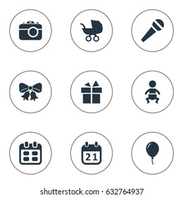 Vector Illustration Set Of Simple Birthday Icons. Elements Special Day, Baby Carriage, Camera And Other Synonyms Voice, Calendar And Infant.