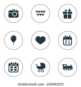 Vector Illustration Set Of Simple Birthday Icons. Elements Special Day, Ribbon, Soul And Other Synonyms Steam, Stroller And Flags.