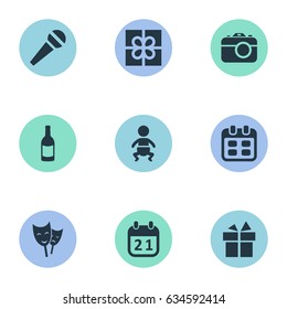 Vector Illustration Set Of Simple Birthday Icons. Elements Infant, Camera, Speech And Other Synonyms Date, Gift And Ribbon.