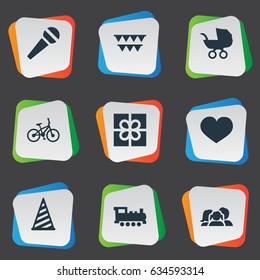 Vector Illustration Set Of Simple Birthday Icons. Elements Bicycle, Domestic, Speech And Other Synonyms Hat, People And Bicycle.
