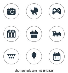 Vector Illustration Set Of Simple Birthday Icons. Elements Ribbon, Days, Train And Other Synonyms Day, Balloon And Game.