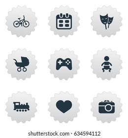 Vector Illustration Set Of Simple Birthday Icons. Elements Days, Mask, Train And Other Synonyms Kid, Steam And Theater.