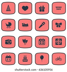 Vector Illustration Set Of Simple Birthday Icons. Elements Camera, Decorations;, Ribbon And Other Synonyms Steam, Ribbon And Baby.