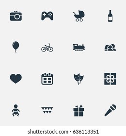 Vector Illustration Set Of Simple Birthday Icons. Elements Baby Carriage, Camera, Speech And Other Synonyms Family, Kid And Date.