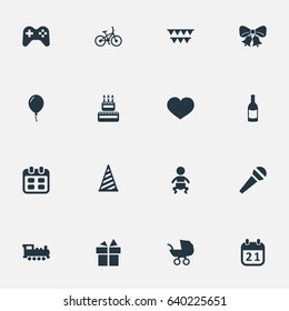 Vector Illustration Set Of Simple Birthday Icons. Elements Confectionery, Beverage, Speech And Other Synonyms Joystick, Baby And Play.