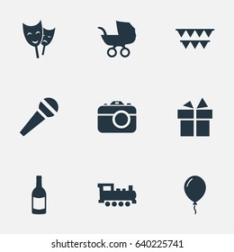 Vector Illustration Set Of Simple Birthday Icons. Elements Beverage, Train, Aerostat And Other Synonyms Party, Train And Camera.