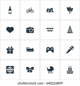 Vector Illustration Set Of Simple Birthday Icons. Elements Speech, Baby Carriage, Beverage And Other Synonyms Resonate, Steam And Feelings.
