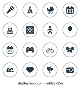 Vector Illustration Set Of Simple Birthday Icons. Elements Game, Baby Carriage, Special Day And Other Synonyms Kid, Balloon And Bells.