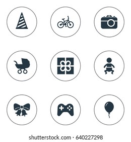 Vector Illustration Set Of Simple Birthday Icons. Elements Bicycle, Baby Carriage, Camera And Other Synonyms Sport, Game And Bells.
