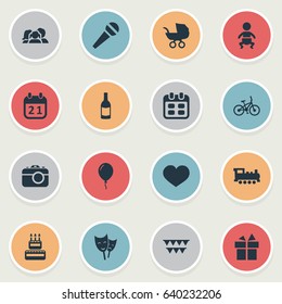Vector Illustration Set Of Simple Birthday Icons. Elements Baby Carriage, Camera, Train And Other Synonyms Sweetmeat, Prize And Sky.