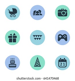 Vector Illustration Set Of Simple Birthday Icons. Elements Decorations;, Cap, Baby Carriage And Other Synonyms Gift, Hat And Camera.