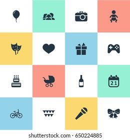 Vector Illustration Set Of Simple Birthday Icons. Elements Game, Special Day, Soul And Other Synonyms Play, Beverage And Sweetmeat.