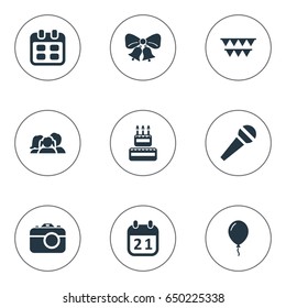 Vector Illustration Set Of Simple Birthday Icons. Elements Decorations;, Camera, Special Day And Other Synonyms Photo, Voice And Aerostat.