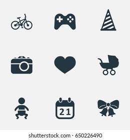 Vector Illustration Set Of Simple Birthday Icons. Elements Baby Carriage, Bicycle, Cap And Other Synonyms Resonate, Jingle And Carriage.
