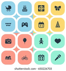 Vector Illustration Set Of Simple Birthday Icons. Elements Camera, Decorations;, Days And Other Synonyms Microphone, Day And Bike.