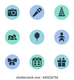 Vector Illustration Set Of Simple Birthday Icons. Elements Camera, Days, Domestic And Other Synonyms Hat, Kid And Microphone.