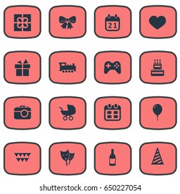 Vector Illustration Set Of Simple Birthday Icons. Elements Decorations;, Aerostat, Game And Other Synonyms Present, Heart And Hat.