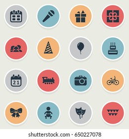 Vector Illustration Set Of Simple Birthday Icons. Elements Mask, Infant, Box And Other Synonyms Bells, Kid And Party.