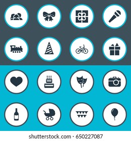 Vector Illustration Set Of Simple Birthday Icons. Elements Bicycle, Train, Aerostat And Other Synonyms Bicycle, Cake And Locomotive.