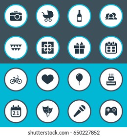 Vector Illustration Set Of Simple Birthday Icons. Elements Game, Confectionery, Box And Other Synonyms Stroller, Camera And Schedule.