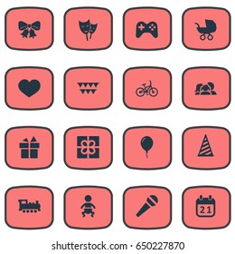 Vector Illustration Set Of Simple Birthday Icons. Elements Box, Infant, Bicycle And Other Synonyms Box, Feelings And Microphone.