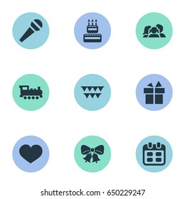 Vector Illustration Set Of Simple Birthday Icons. Elements Speech, Train, Days And Other Synonyms Confectionery, Sweetmeat And Heart.