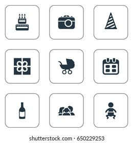 Vector Illustration Set Of Simple Birthday Icons. Elements Confectionery, Camera, Cap And Other Synonyms Cap, Photo And Champagne.