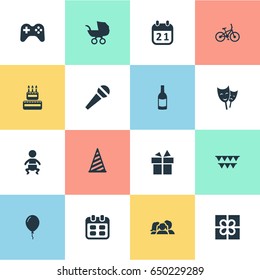 Vector Illustration Set Of Simple Birthday Icons. Elements Baby Carriage, Cap, Bicycle And Other Synonyms Actor, Family And Hat.