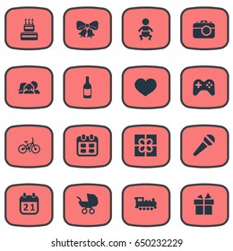 Vector Illustration Set Of Simple Birthday Icons. Elements Bicycle, Domestic, Special Day And Other Synonyms Box, Bike And History.