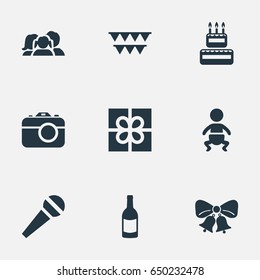 Vector Illustration Set Of Simple Birthday Icons. Elements Speech, Domestic, Decorations; And Other Synonyms Photography, Camera And People.