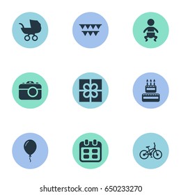 Vector Illustration Set Of Simple Birthday Icons. Elements Baby Carriage, Box, Decorations; And Other Synonyms Photo, Baby And Kid.
