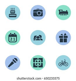 Vector Illustration Set Of Simple Birthday Icons. Elements Bicycle, Special Day, Domestic And Other Synonyms Bike, Microphone And Speech.