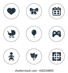 Vector Illustration Set Of Simple Birthday Icons. Elements Mask, Resonate, Aerostat And Other Synonyms Jingle, Actor And Schedule.