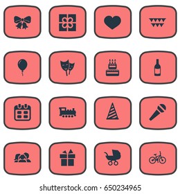 Vector Illustration Set Of Simple Birthday Icons. Elements Cap, Bicycle, Domestic And Other Synonyms Beverage, Hat And Theater.
