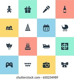 Vector Illustration Set Of Simple Birthday Icons. Elements Speech, Train, Ribbon And Other Synonyms Stroller, Gift And Family.