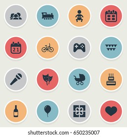 Vector Illustration Set Of Simple Birthday Icons. Elements Mask, Baby Carriage, Box And Other Synonyms Heart, Schedule And Gift.
