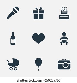 Vector Illustration Set Of Simple Birthday Icons. Elements Speech, Confectionery, Infant And Other Synonyms Camera, Sweetmeat And Microphone.