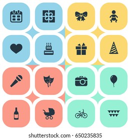 Vector Illustration Set Of Simple Birthday Icons. Elements Confectionery, Baby Carriage, Infant And Other Synonyms Confectionery, Stroller And Beverage.