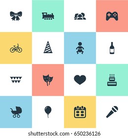 Vector Illustration Set Of Simple Birthday Icons. Elements Infant, Confectionery, Aerostat And Other Synonyms Microphone, Sweetmeat And Cap.