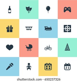Vector Illustration Set Of Simple Birthday Icons. Elements Days, Beverage, Special Day And Other Synonyms Schedule, Decorations And Flags.
