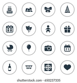 Vector Illustration Set Of Simple Birthday Icons. Elements Confectionery, Beverage, Cap And Other Synonyms Photo, Carriage And Domestic.