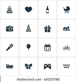 Vector Illustration Set Of Simple Birthday Icons. Elements Bicycle, Cap, Ribbon And Other Synonyms People, History And Sweetmeat.