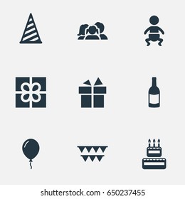 Vector Illustration Set Of Simple Birthday Icons. Elements Box, Confectionery, Domestic And Other Synonyms Aerostat, People And Gift.