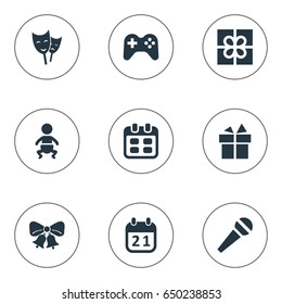 Vector Illustration Set Of Simple Birthday Icons. Elements Ribbon, Mask, Game And Other Synonyms Kid, Voice And Ribbon.