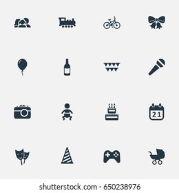 Vector Illustration Set Of Simple Birthday Icons. Elements Camera, Speech, Confectionery And Other Synonyms Fizz, Flags And Calendar.