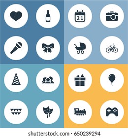 Vector Illustration Set Of Simple Birthday Icons. Elements Aerostat, Ribbon, Decorations; And Other Synonyms Gift, Carriage And Locomotive.